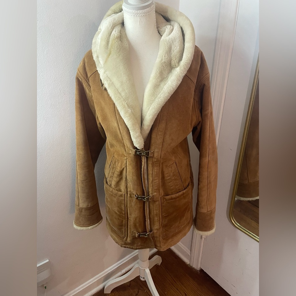 Moda International Tan Suede Teddy Heavy Jacket with Cream Shearling